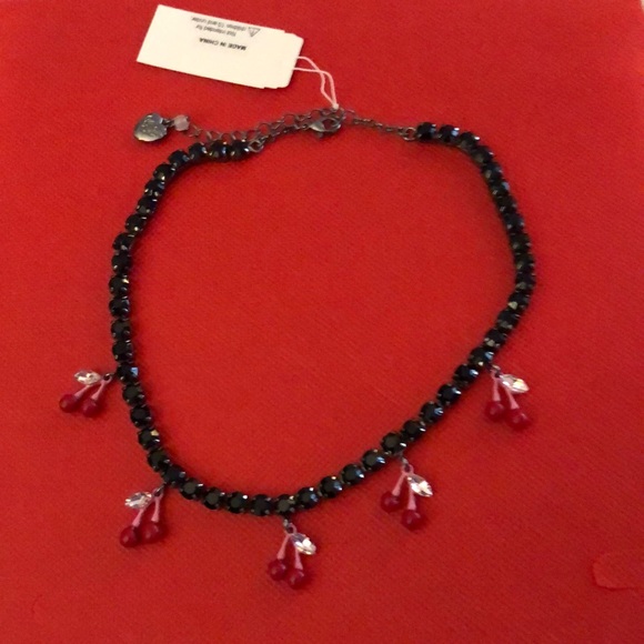 Betsey Johnson Hematite Tone Black Crystal Tennis Necklace Cherry Charms NWT - Picture 8 of 12
